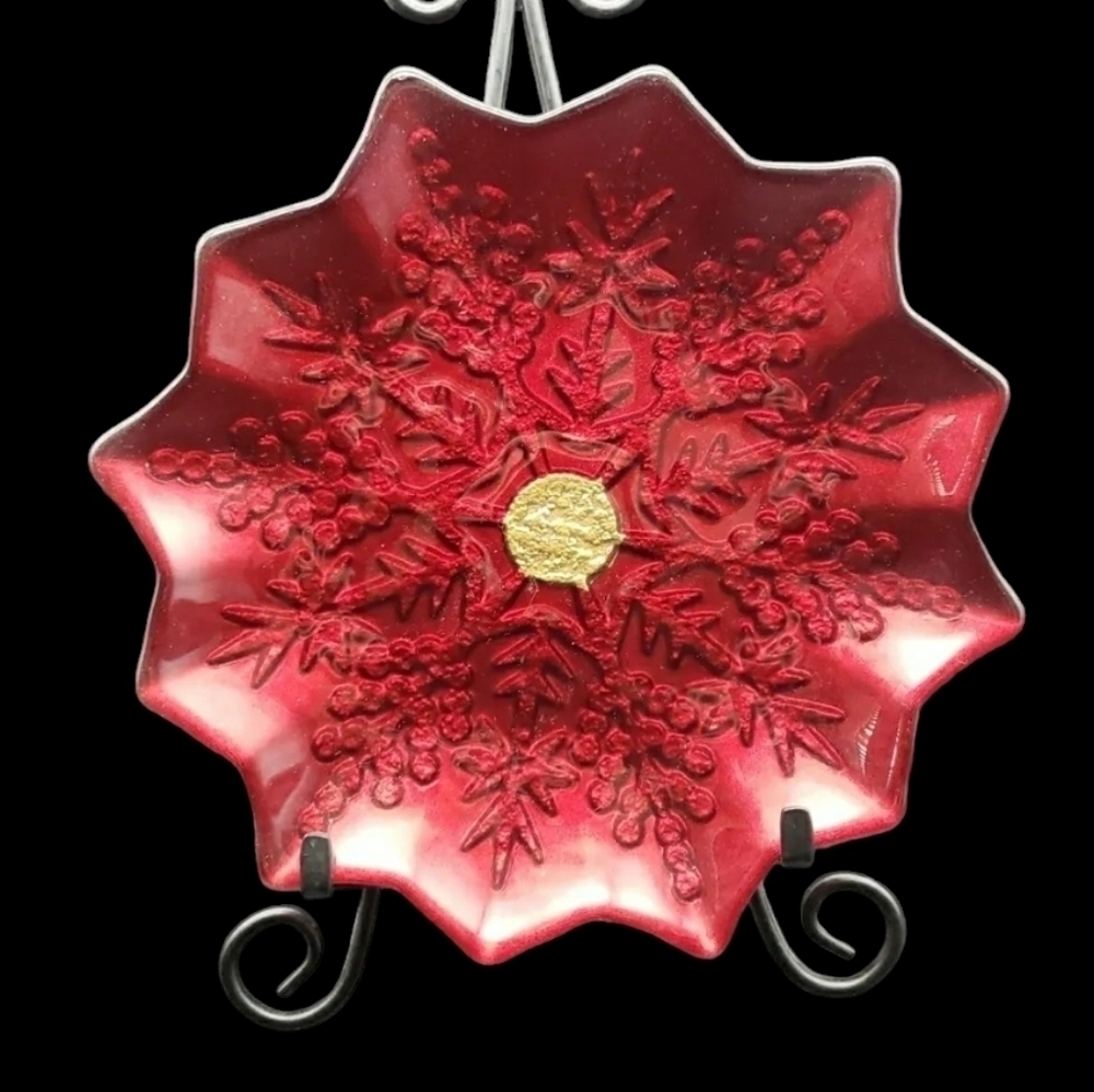 Turkish Art Ardacam Hand Painted Red/Gold Plate reverse paint snowflake dish